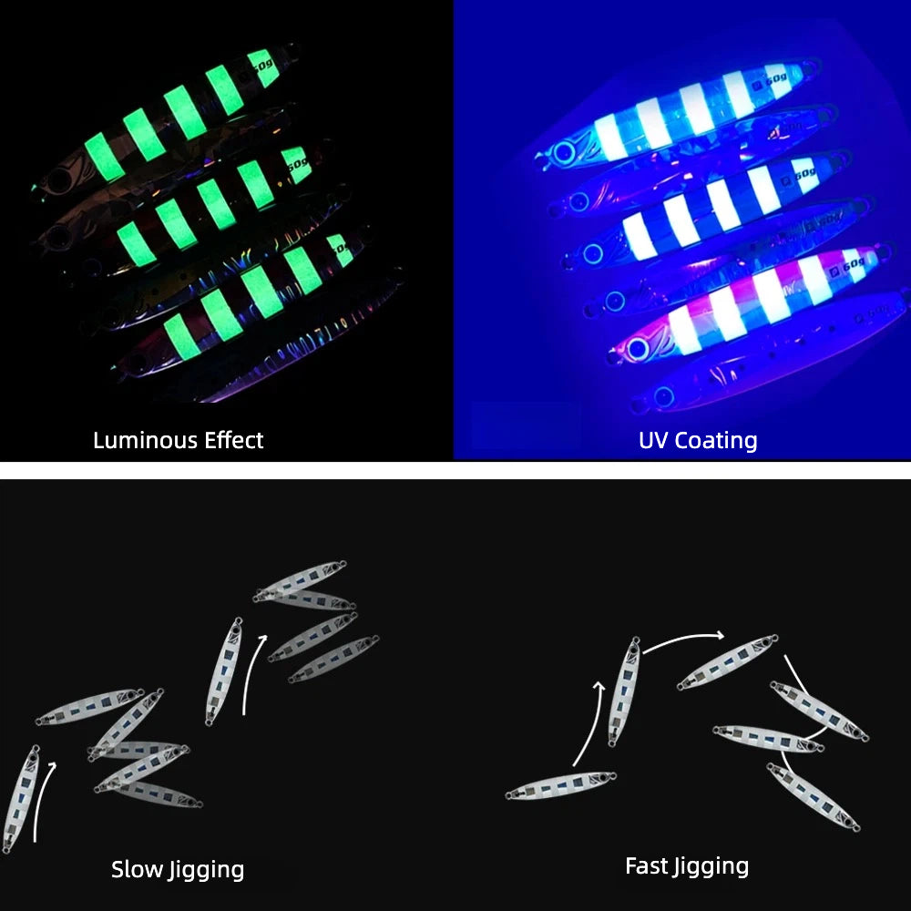 6-Pack Sky Dancer – High Flash · Slow Fall Set + Free Portable Fishing Pliers