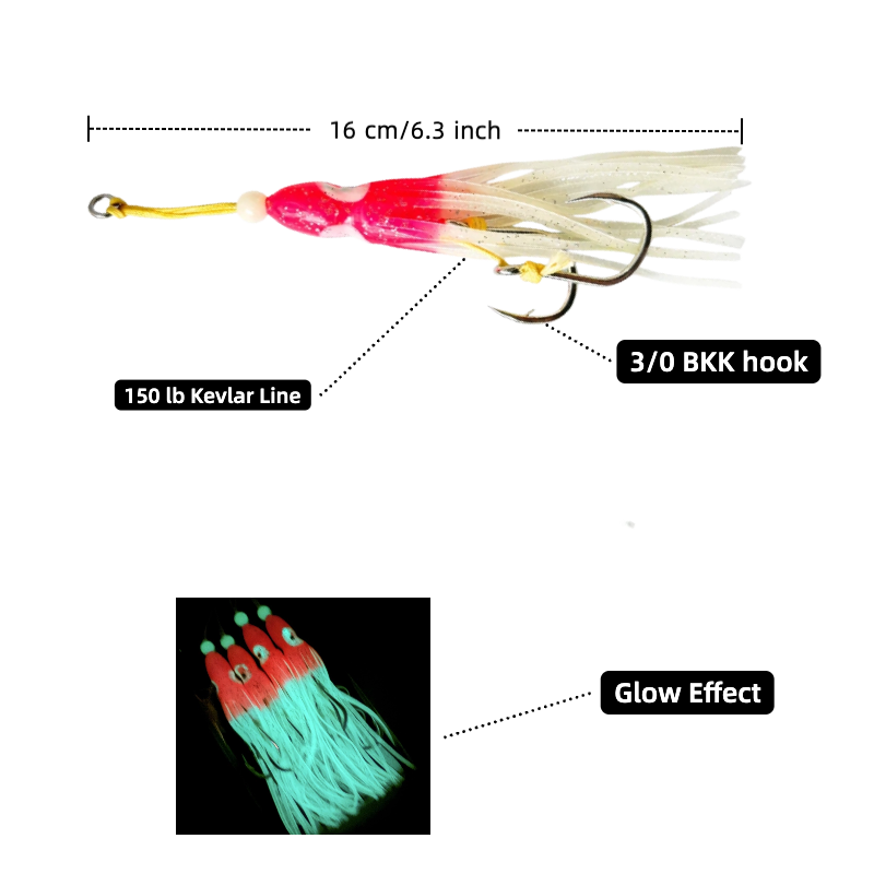 4 Pack Glow Squid Skirt Rig – BKK Hooks, Tough Skirt for Halibut & Lingcod