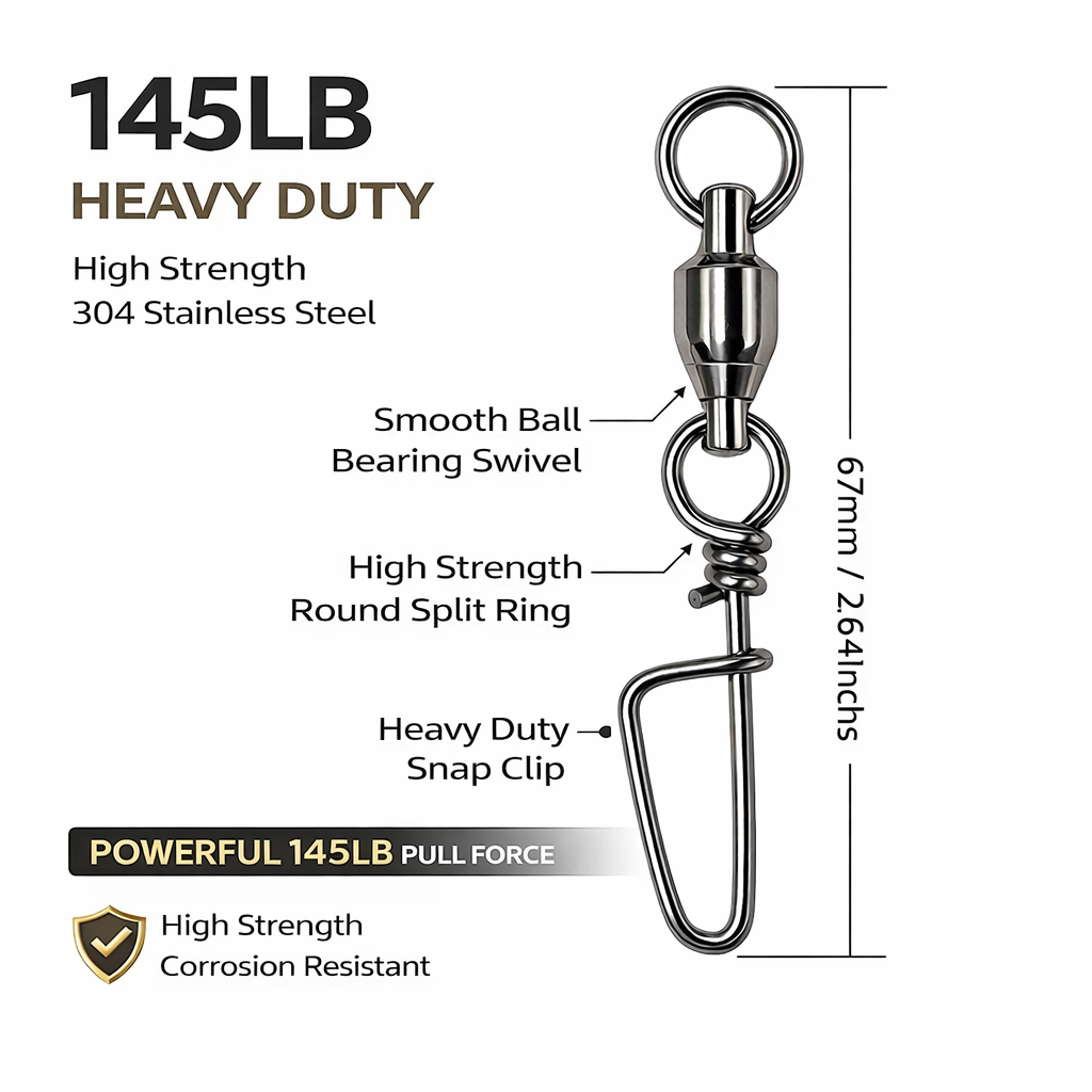 High Duty Saltwater Ball Bearing Snap Swivel – Heavy Duty 145LB (Size #6) – 25 Pack